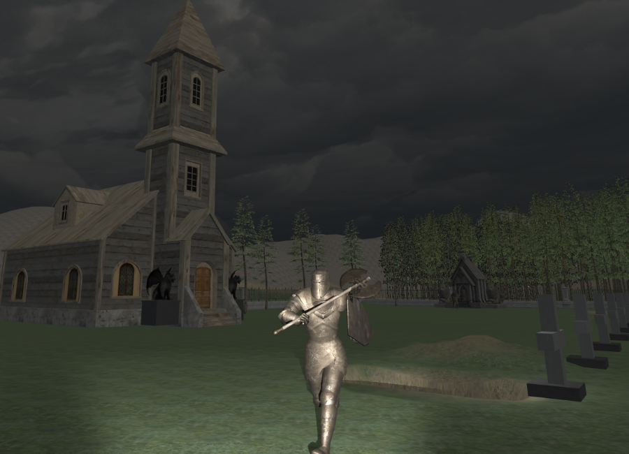 The Nightwalk statue and church